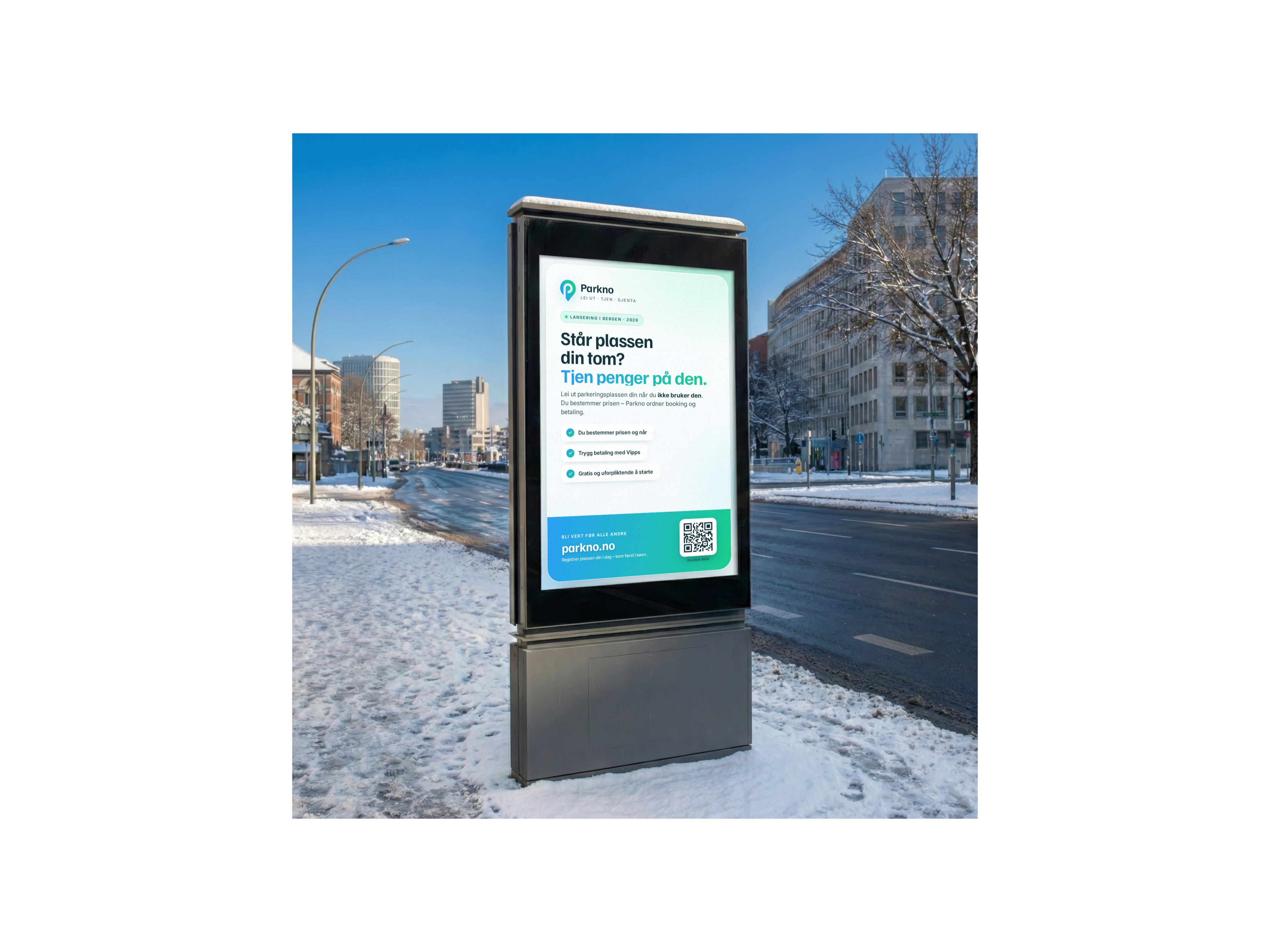 Parkno-plakat på en reklametavle i Bergen: «Står plassen din tom? Tjen penger på den.»
