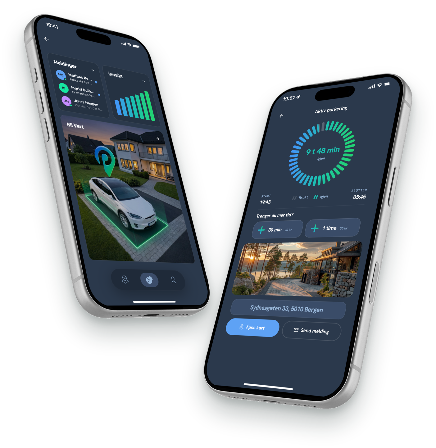 Parkno-appen vist på to iPhone-skjermer: kart og inntekt